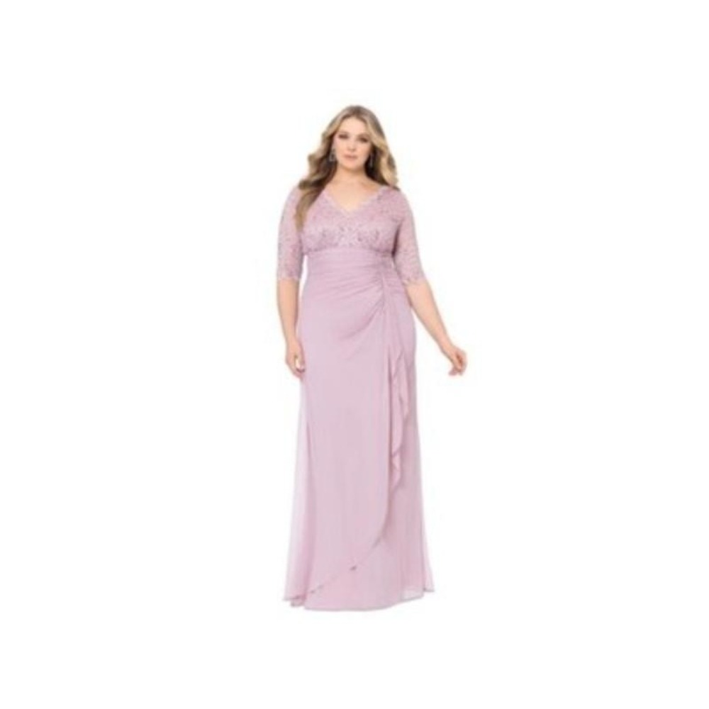 BA By Betsy and Adam Plus Size V-Neck Lace Top Gown Pink (22W)